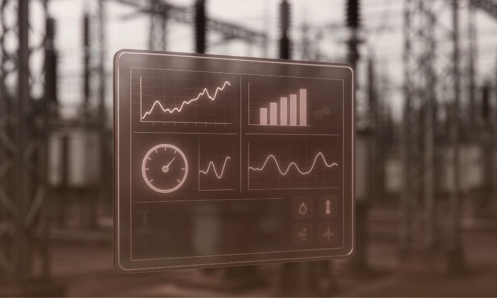 A digital holographic display showing various data charts and graphs, including line graphs, bar charts, and a gauge, projected in front of an industrial or power plant setting with metal structures and electrical equipment in the background.