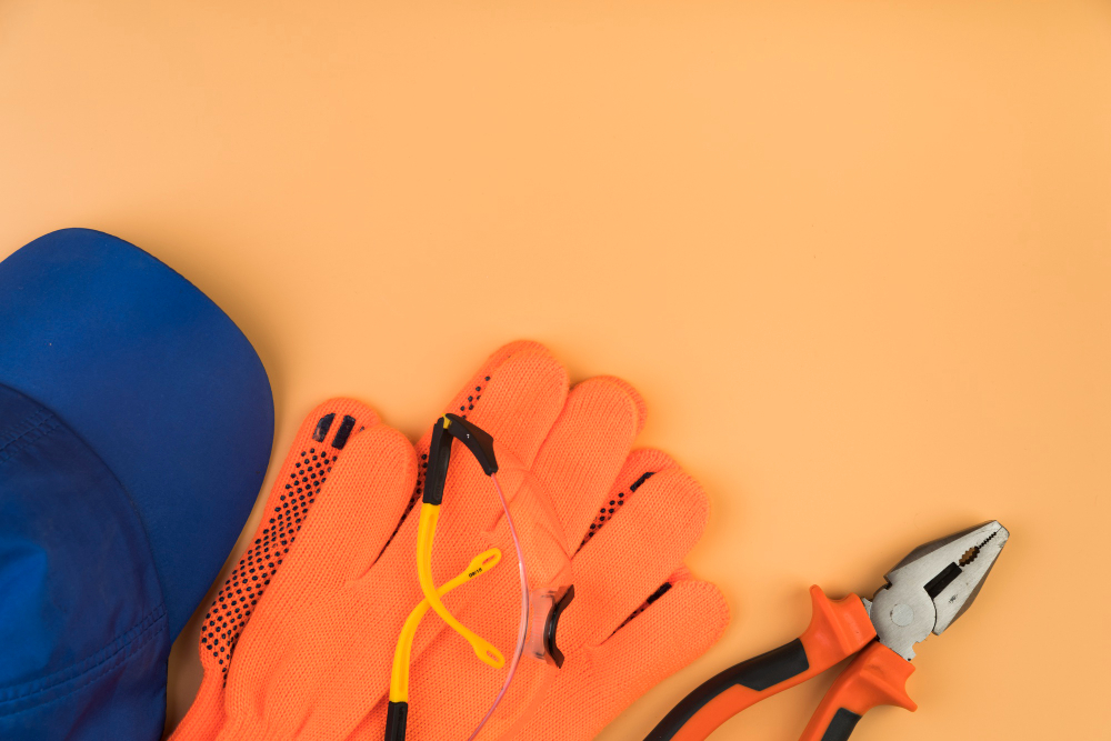 An orange safety glove, a pair of needle-nose pliers, and a yellow-handled wire cutter are arranged on a light orange surface, with a blue hard hat partially visible on the left side.