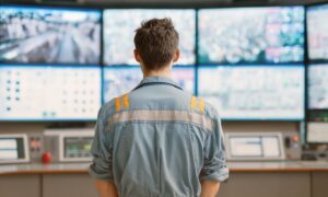 A person in a uniform standing in front of multiple large monitors displaying various surveillance camera feeds. The individual is viewed from behind, focusing on the screens in a control room environment.