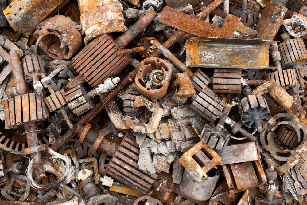 A pile of rusty, discarded metal parts and machinery components, including gears, bolts, brackets, and other mechanical fragments, all showing signs of corrosion and wear.