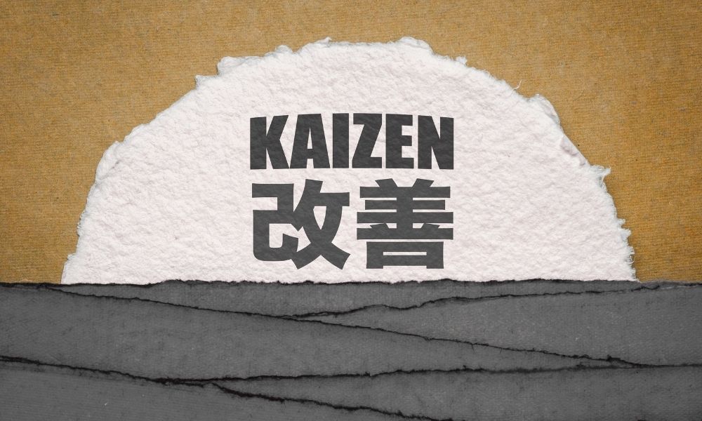 A torn piece of white paper with the word "KAIZEN" and Japanese characters underneath, placed over a layered background of brown and gray textured paper.