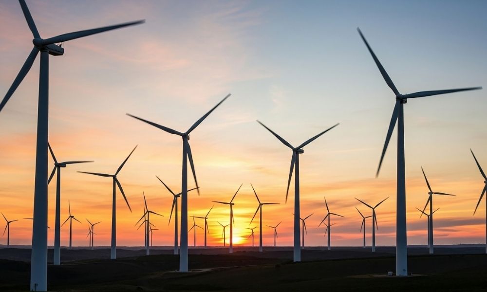 A landscape view of multiple wind turbines at sunset, with the sky painted in orange, pink, and blue hues. The turbines are silhouetted against the colorful sky as they stand tall across the rolling terrain.