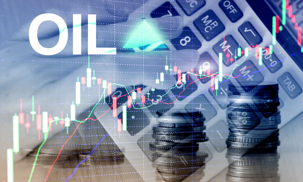A financial chart with candlestick patterns and line graphs overlaid on a background featuring stacks of coins, a calculator, and a person's hand holding a pen, all related to oil trading and investment.