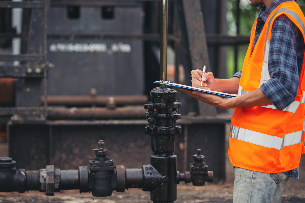 A person wearing an orange safety vest and plaid shirt is holding a clipboard and writing with a pen next to industrial pipes and equipment, likely at a construction or maintenance site.