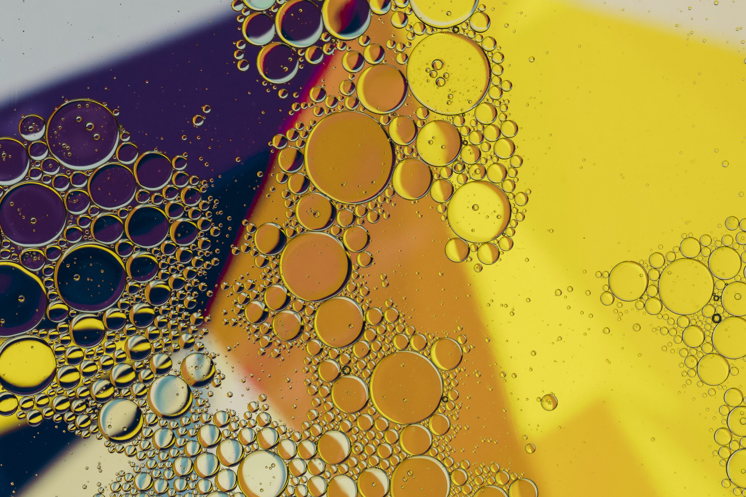 A close-up image of oil droplets suspended in water, creating a pattern of circular shapes with vibrant colors including yellow, purple, orange, and hints of blue. The background features a mix of dark and bright areas, highlighting the contrast and detail of the oil bubbles.