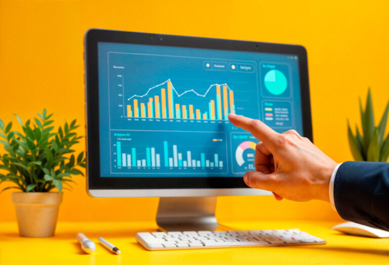A person's hand, wearing a dark suit jacket, points toward a computer monitor displaying a complex data dashboard against a vibrant solid yellow background. The screen features various analytical visualizations, including bar charts, line graphs, and a pie chart in shades of blue and orange. On the yellow desk below the monitor are a white keyboard, two pens, and a small potted green plant.