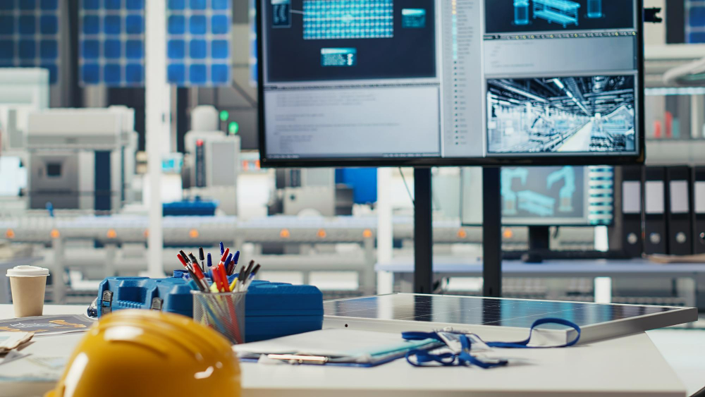 The image displays a modern industrial control room or monitoring station where technical data is being analyzed. In the sharp foreground, a white worktable holds various safety and professional items: a yellow hard hat, a container filled with pens and markers, a blue toolbox, and a clipboard with identification lanyards.