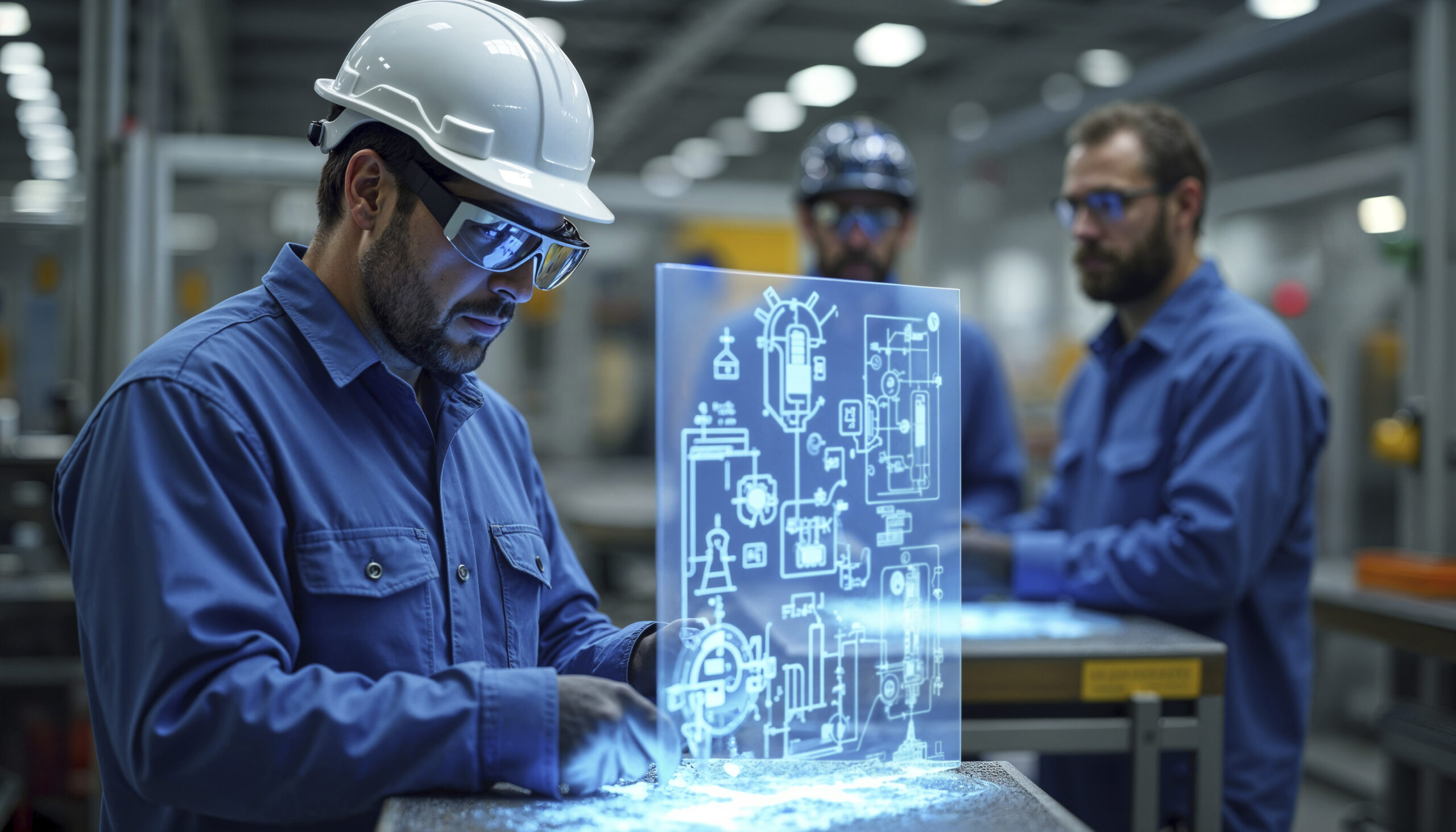 A team of engineers in a factory or laboratory setting, wearing blue uniforms, safety glasses, and helmets. One engineer is working on a digital holographic display of a technical schematic or blueprint, while two other engineers observe and discuss in the background. The environment is industrial with metal structures and equipment.