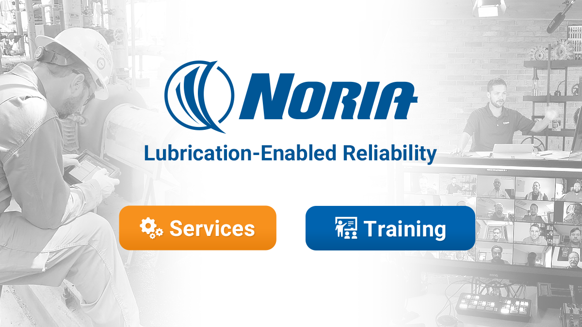 A promotional image for Noric with the tagline "Lubrication-Enabled Reliability." The left side shows a worker in a hard hat inspecting equipment with a tablet, in an industrial setting. The right side features a person in an office or studio environment with multiple screens showing video calls. There are two buttons labeled "Services" in orange and "Training" in blue.
