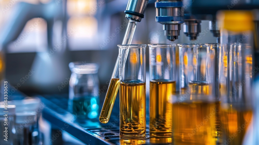 A laboratory scene with multiple test tubes filled with a yellowish liquid, arranged in a rack. A pipette is dispensing liquid into one of the test tubes, and various lab equipment and containers are visible in the background.